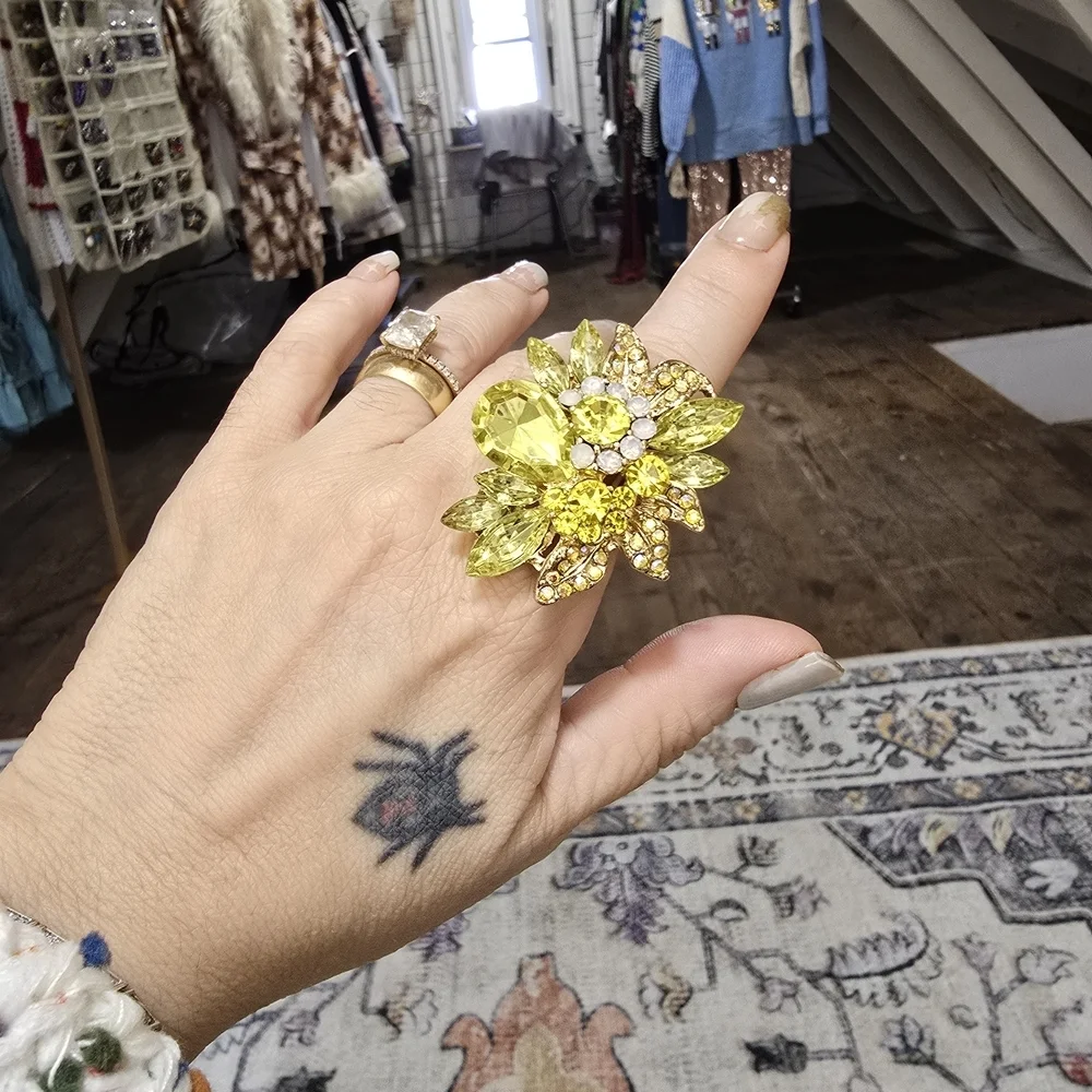 Yellow Crystal Gemstone Floral Stretch Cocktail Ring